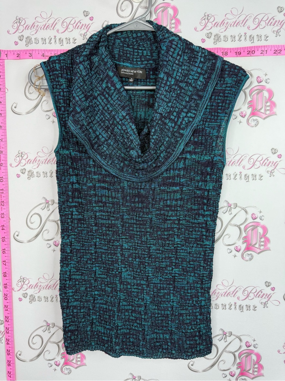 Jones New York Teal blue and Black Textured Cowl Neck Sweater Tank